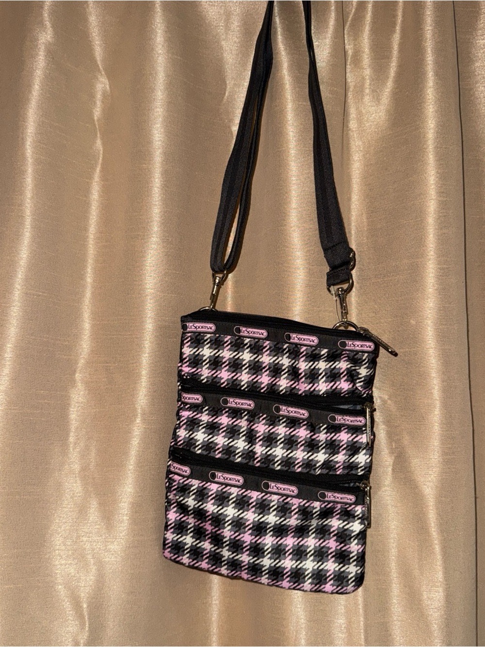 Lesportsac Pink and Black Houndstooth Crossbody Bag